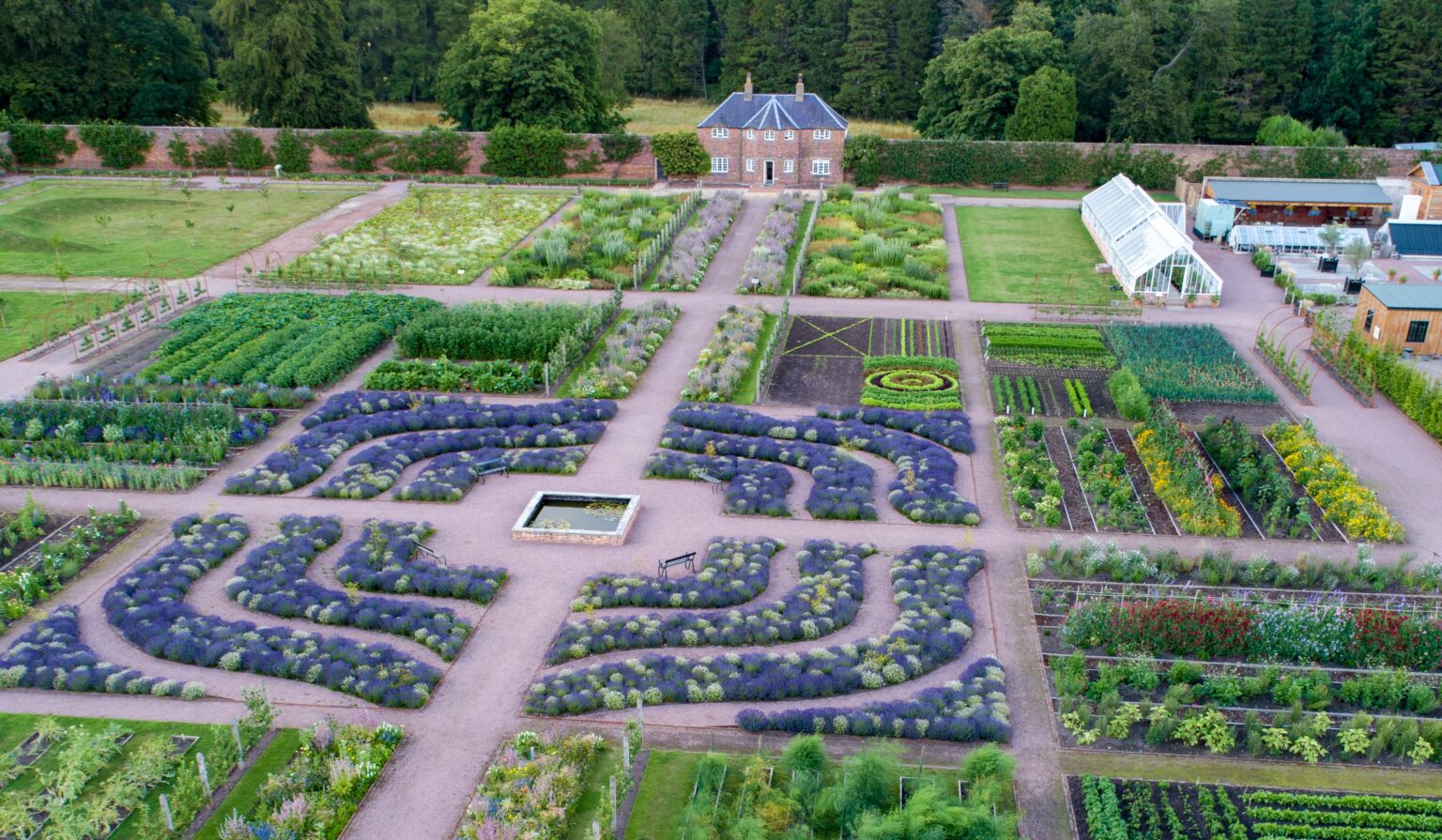 Aerial view of the elaborate cutting beds at Gordon Castle Walled Garden
