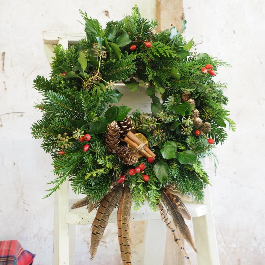Join Sarah Hill Flowers for a fresh evergreen Christmas wreath workshop using fabulous British foliage