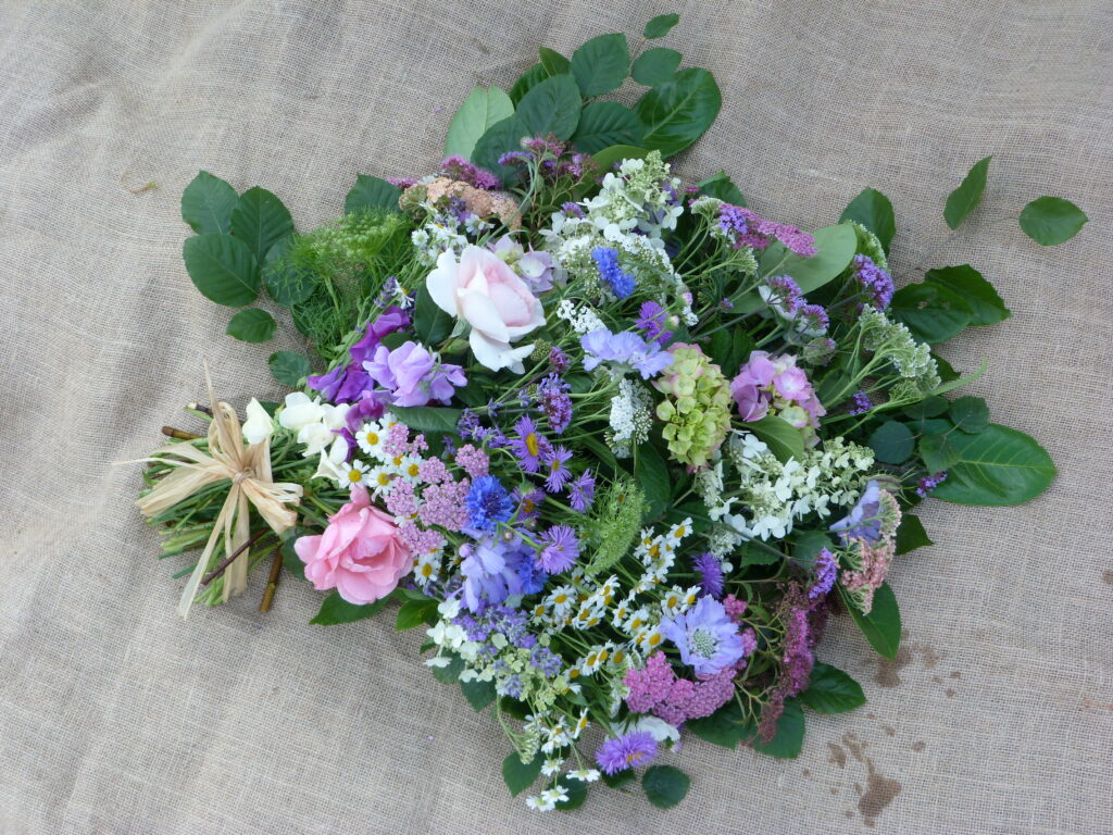 Offering a natural alternative for funeral flowers - a pastel sheaf of purple blue and pink garden flowers by Sussex Cutting Garden
