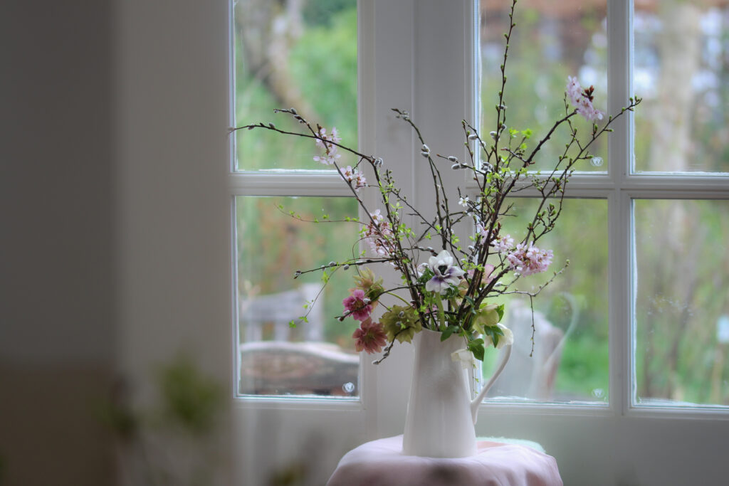 A simple white jug filled with pink cherry blossom, pussy willow, bursting fresh green buds and dusky pink hellebores - the best of the early spring cutting garden. Photo: Tuckshop Flowers