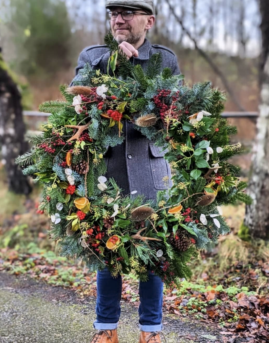 A man sized wreath by Forbes Flowers Alford, Scotland - complete with antlers!