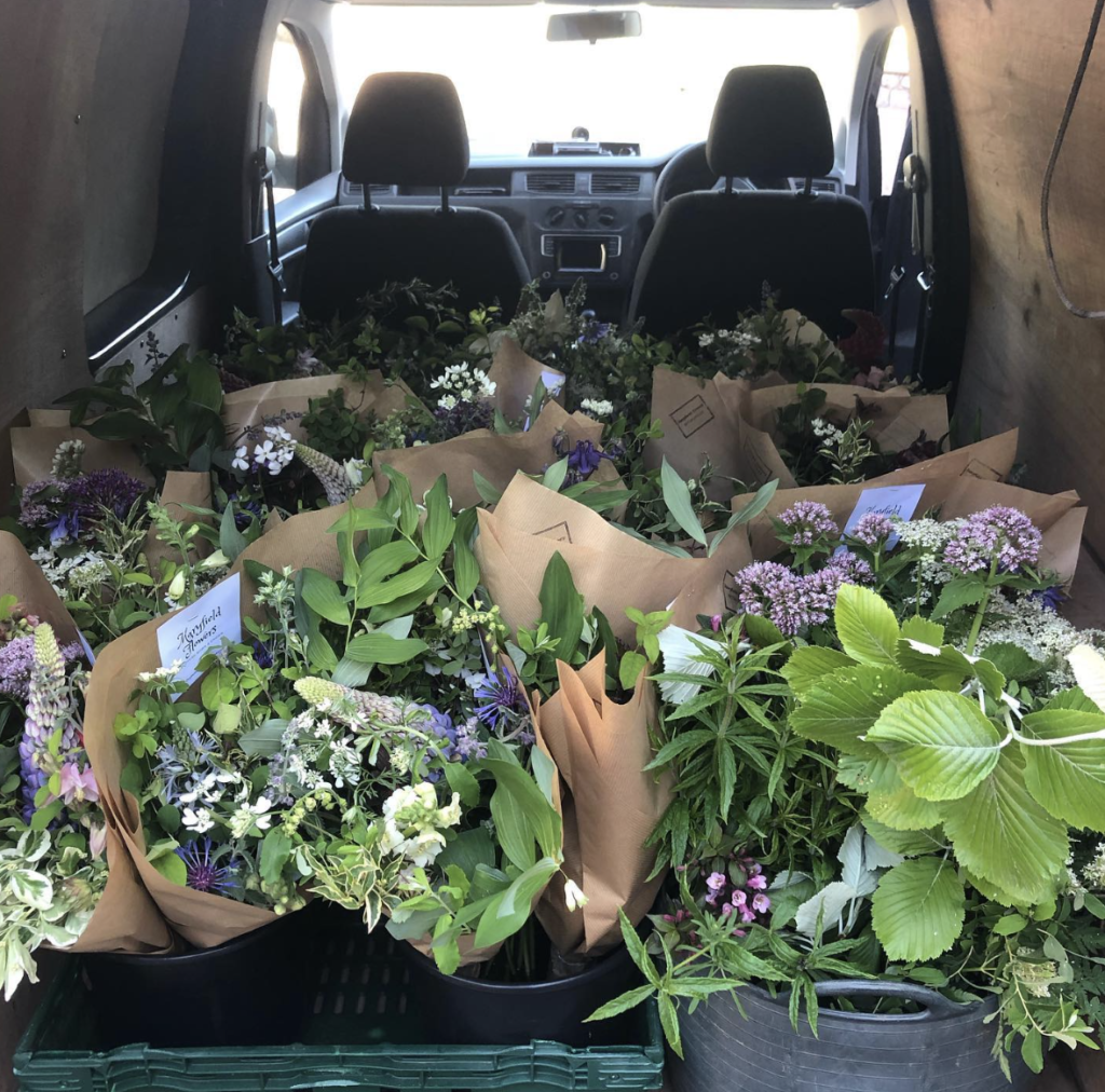 A bootful of freshly cut Scottish flowers from Mayfield Flowers Aberdeneenshire awaiting delivery.